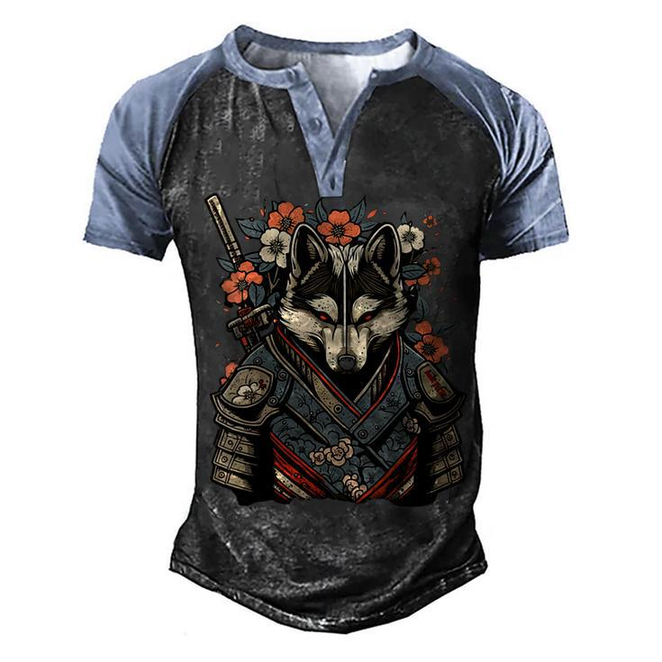 Japanese Samurai Wolf Tattoo Vintage Kawaii Ninja Men's Henley Raglan T-Shirt