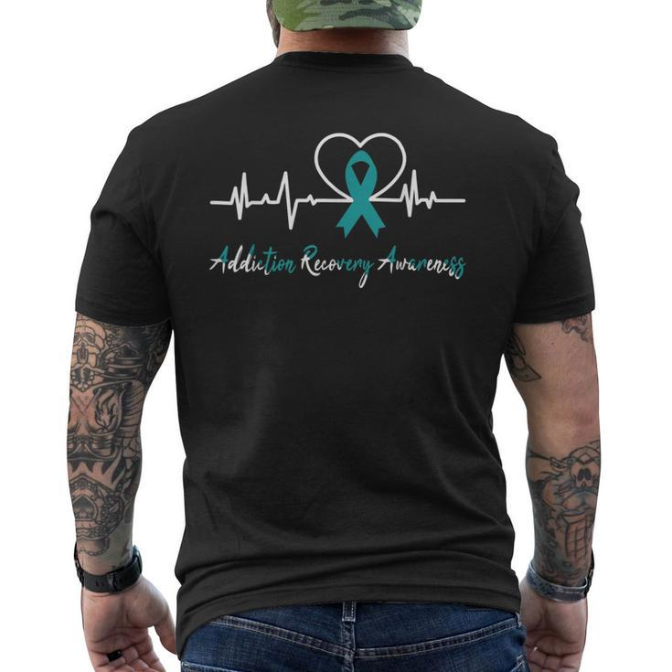 Addiction Recovery Awareness Heartbeat Teal Ribbon Support Men's T-shirt Back Print