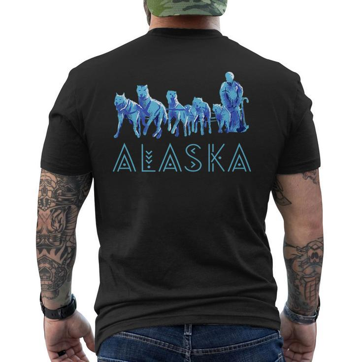 Alaska Sled Dogs Mushing Team Snow Sledding Mountain Scene   Mens Back Print T-shirt
