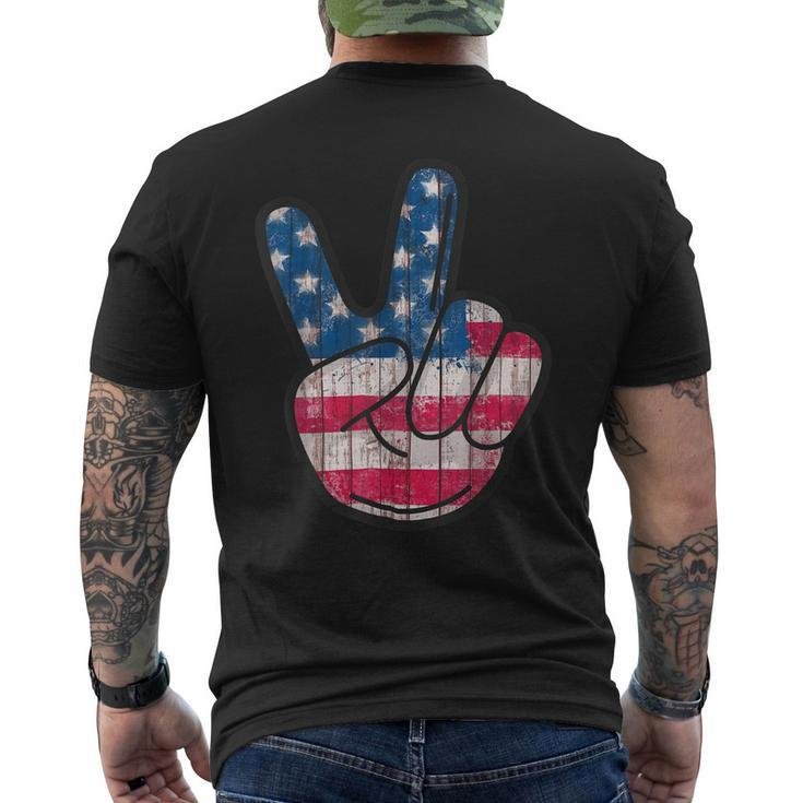 American Flag Peace Sign Hand  4Th Fourth Of July Mens Back Print T-shirt