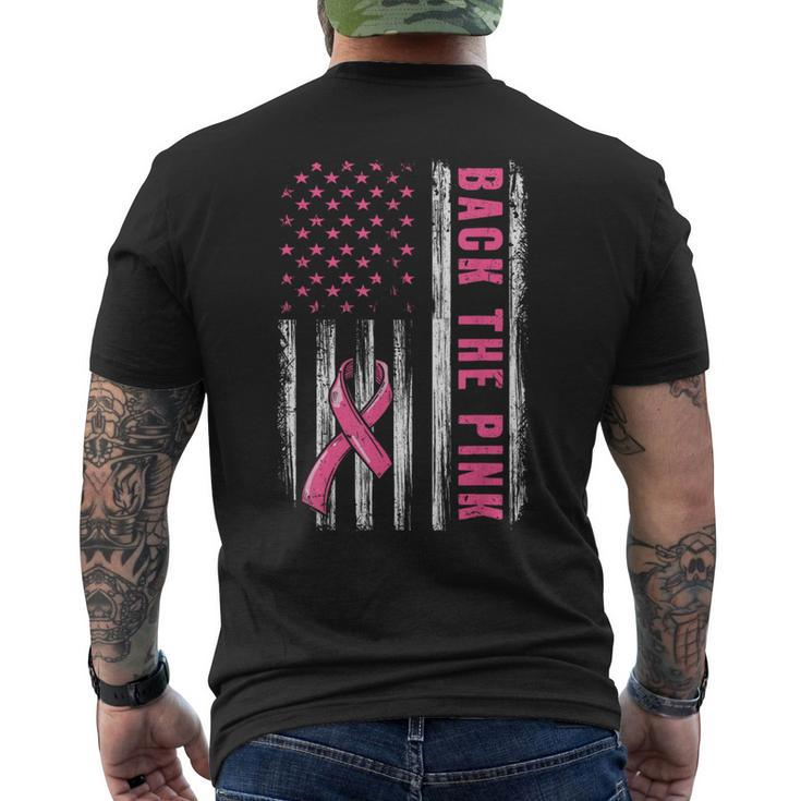 Back The Pink Ribbon American Flag Breast Cancer Awareness Men's T-shirt Back Print