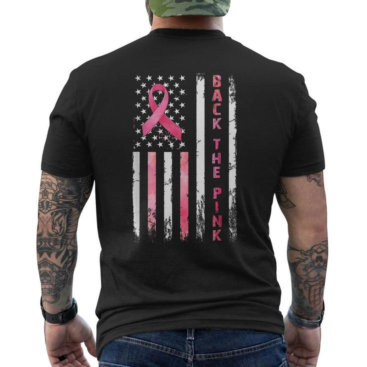 Back The Pink Ribbon American Flag Breast Cancer Warrior Men's T-shirt Back Print