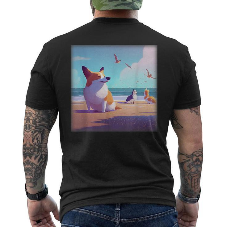 Corgi Meeting Seagulls On The Beach Animal Lover  Mens Back Print T-shirt