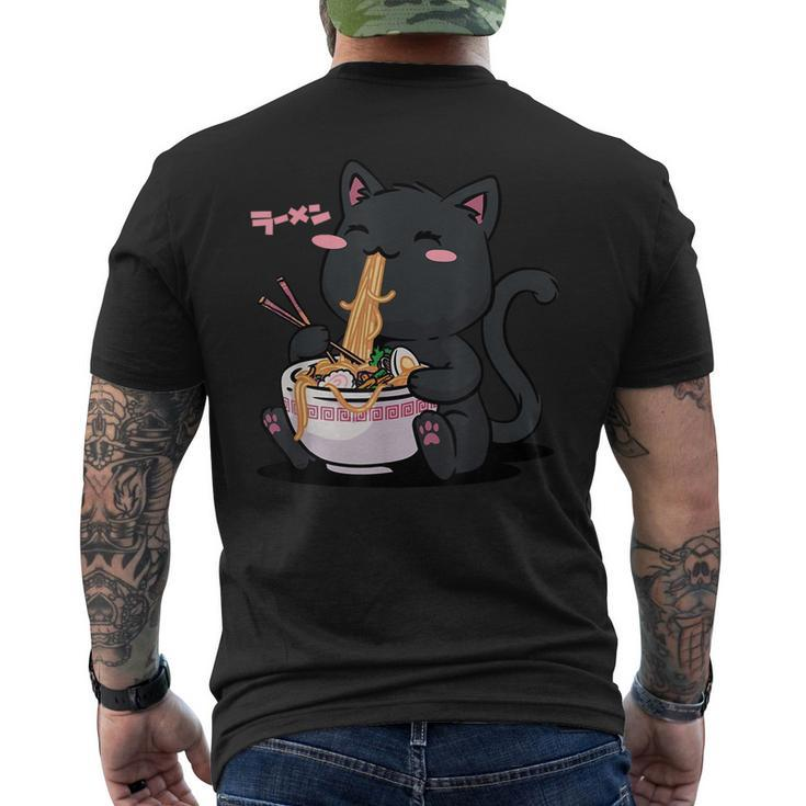 Cute Kawaii Cat Ramen Noodles Anime Black Cat Japanese Mens Back Print T-shirt
