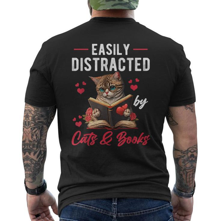 Easily Distracted By Cats And Books Cat & Book Lover Funny Mens Back Print T-shirt