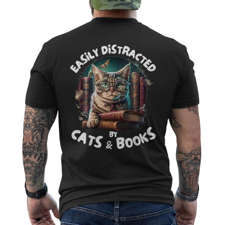 Easily Distracted By Cats And Books Librarians Bibliophiles Mens Back Print T-shirt