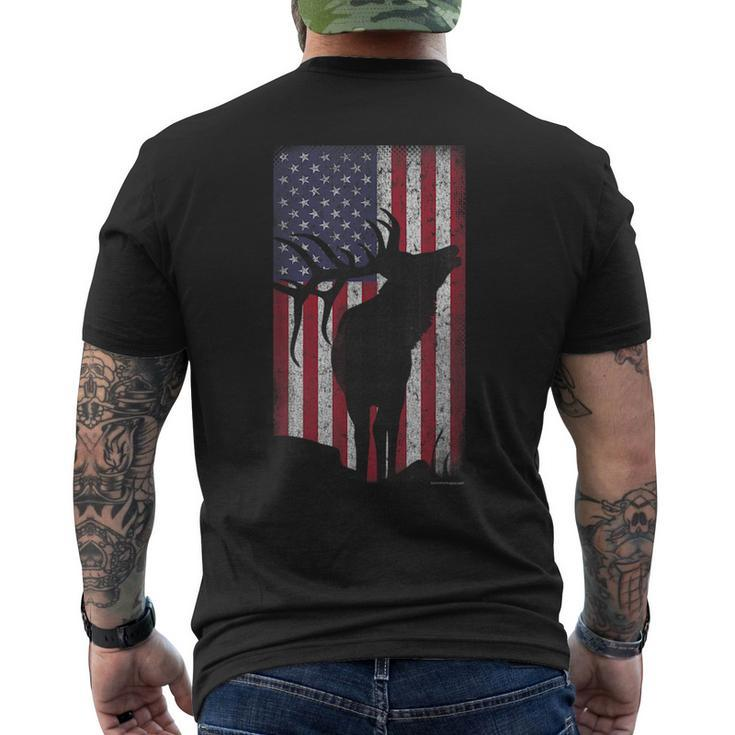 Elk Hunting Bugling Bull Us Flag - American Retro  Mens Back Print T-shirt