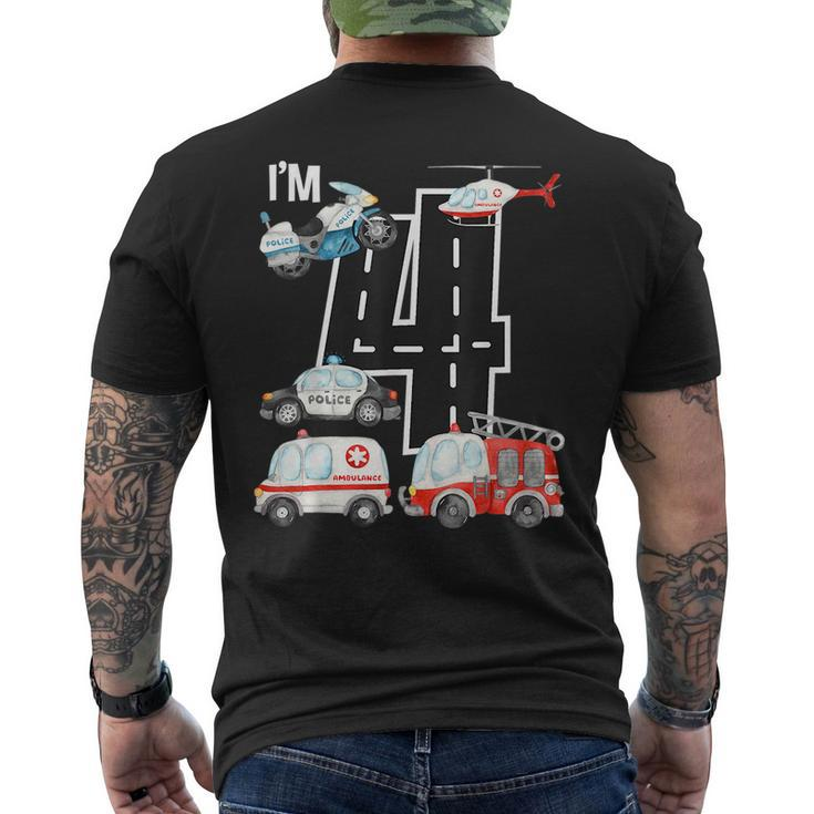 Emergency Vehicles 4Th Birthday Fire Truck Police Car Boys Mens Back Print T-shirt
