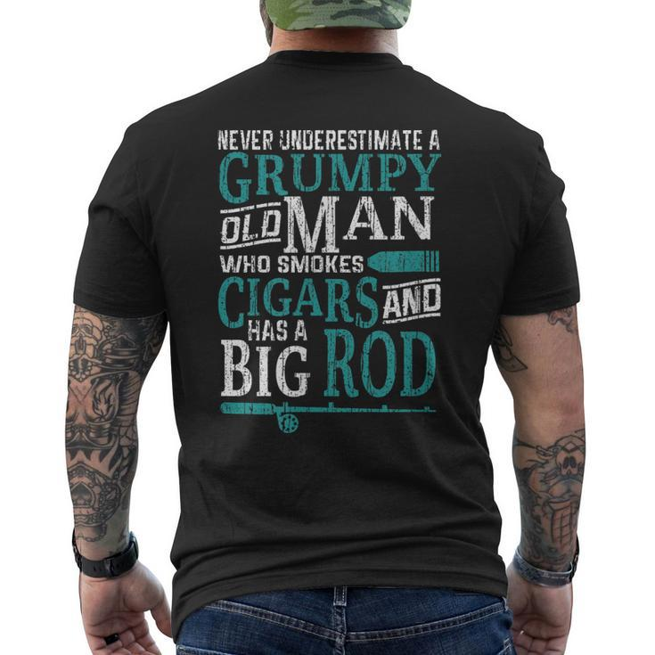 Fishing Humor Grumpy Old Man Smoke Cigars Has Big Rod Men's Back Print T-shirt