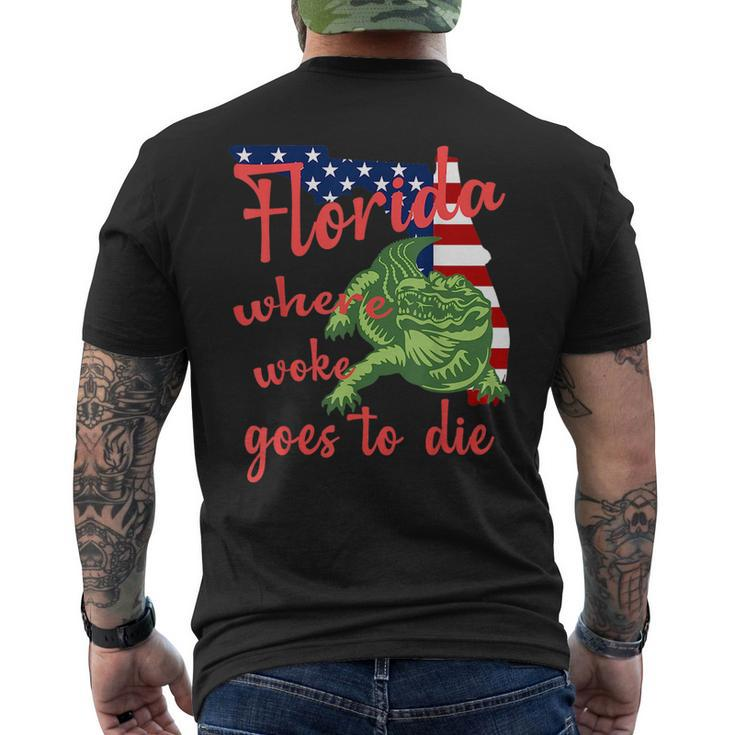 Florida Where Woke Goes To Die American Flag And Alligator Mens Back Print T-shirt