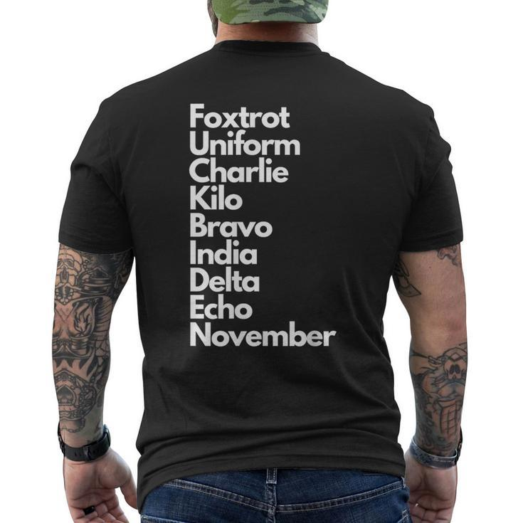 Foxtrot Uniform Charlie Kilo Bravo India Delta Echo Nov Men's T-shirt Back Print