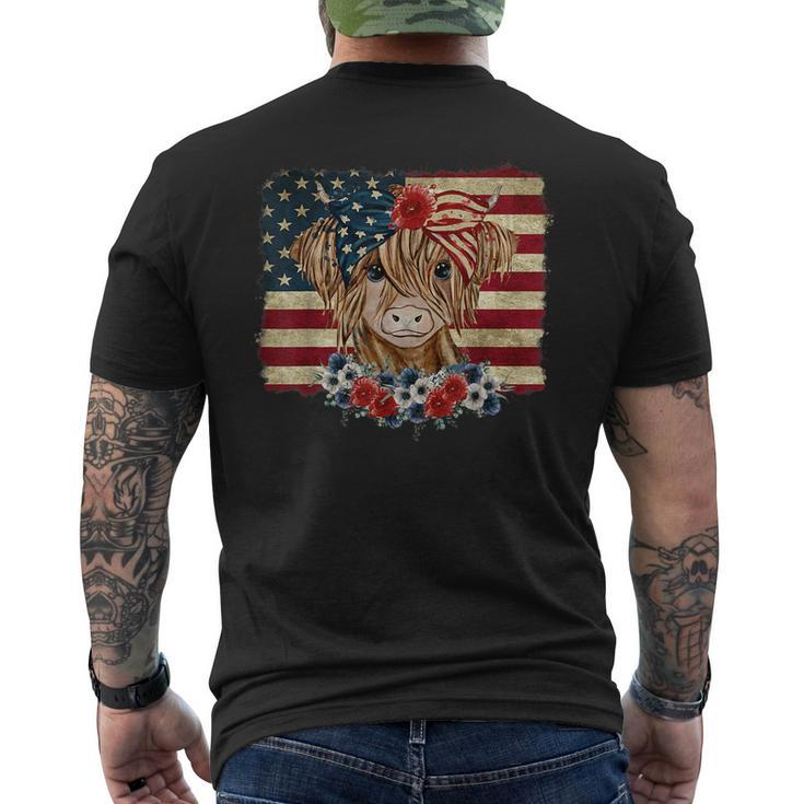 Funny 4Th Of July Merica Highland Cow America Flag  Mens Back Print T-shirt