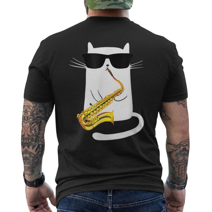 Funny Cat Wearing Sunglasses Playing Saxophone  Mens Back Print T-shirt