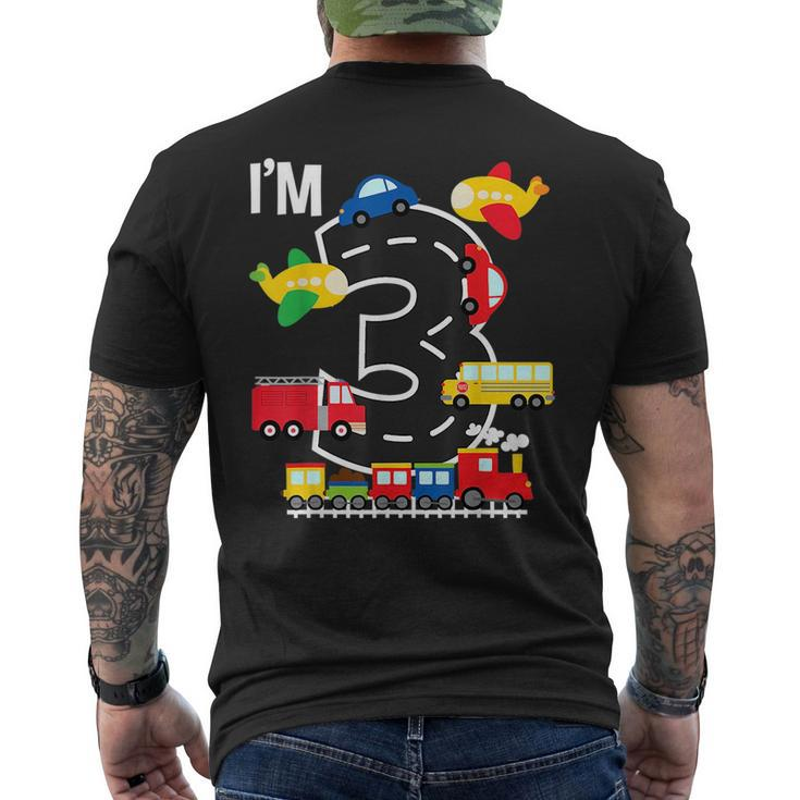 Im 3 Birthday Boy 3Rd Bday Train Car Fire Truck Airplane Mens Back Print T-shirt