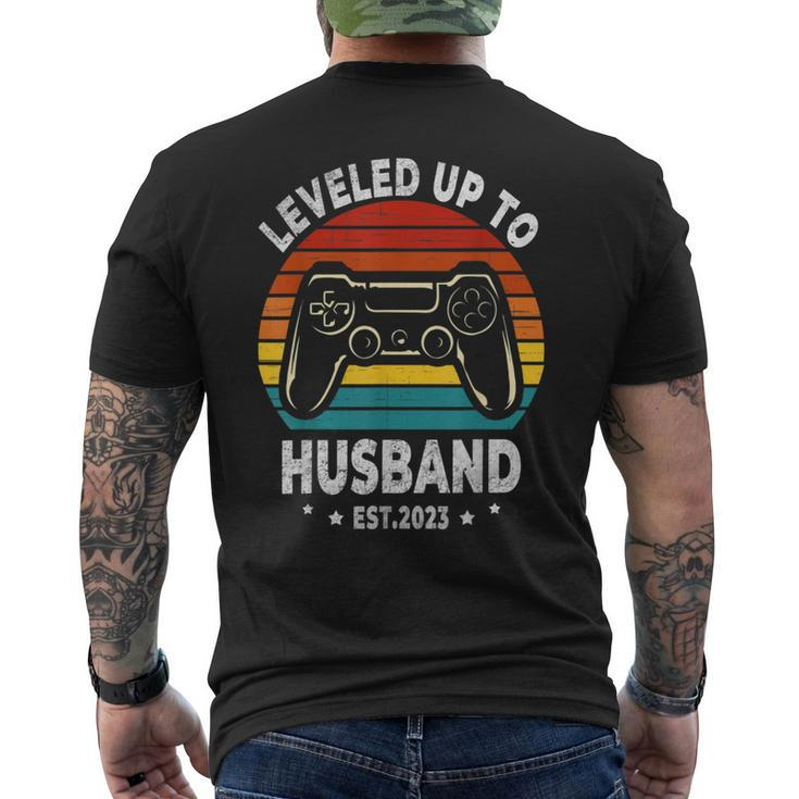 Leveled Up To Husband Est 2023 Newly Married Bachelor Party  Mens Back Print T-shirt