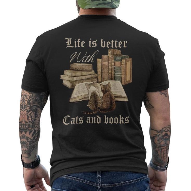 Life Is Better With Cats And Books Funny Mens Back Print T-shirt