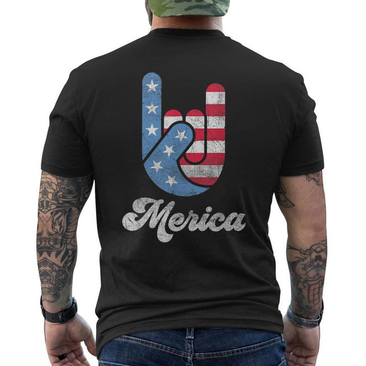Merica Rock N Roll Hand Red White Blue Funny 4Th Of July  Mens Back Print T-shirt