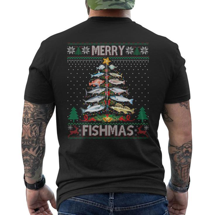 Merry Fishmas Ugly Sweater Fish Fishing Rod Christmas Tree Men's T-shirt Back Print