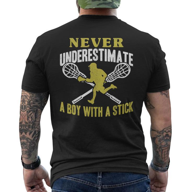 Never Underestimate A Boy With A Stick Lax Player Lacrosse Lacrosse Funny Gifts Mens Back Print T-shirt