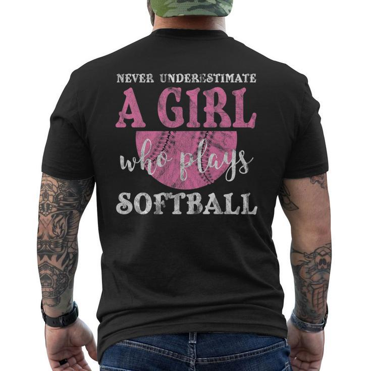 Never Underestimate A Girl Who Plays Softball Grunge Look Mens Back Print T-shirt