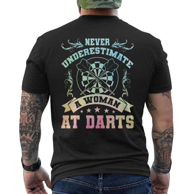 Never Underestimate A Woman At Darts Dartplayer Darting Mens Back Print T-shirt