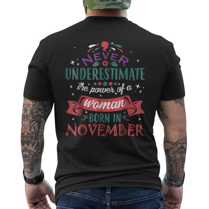 Never Underestimate A Woman Born In November Mens Back Print T-shirt