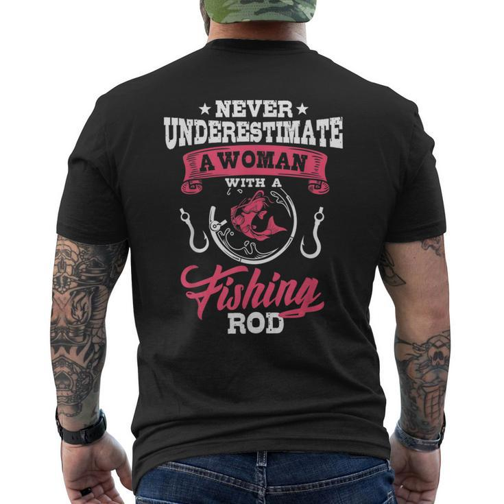 Never Underestimate A Woman With A Fishing Rod Funny Fishing Fishing Rod Funny Gifts Mens Back Print T-shirt
