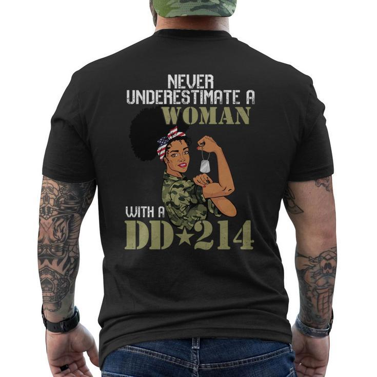 Never Underestimate A Woman With Dd214 Female Veterans Day Mens Back Print T-shirt