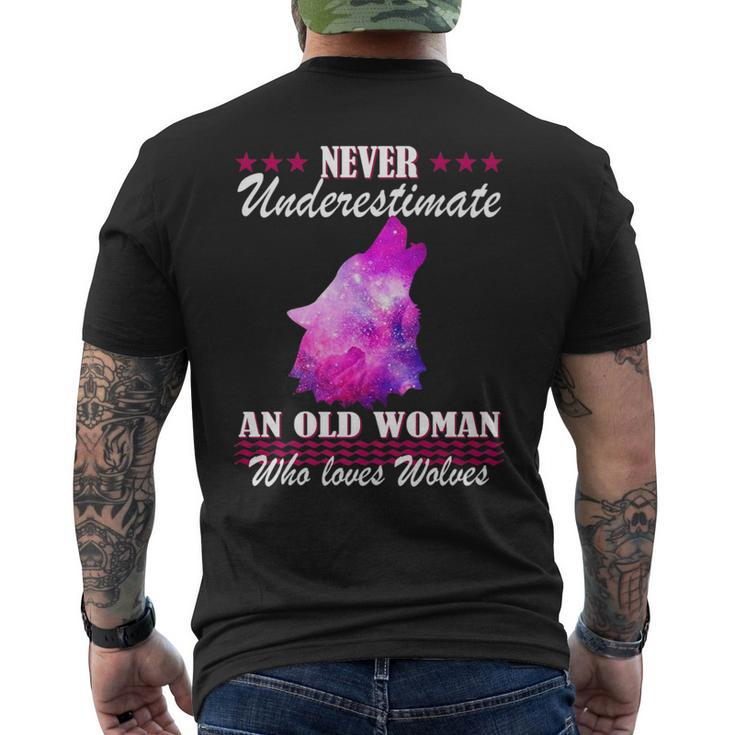 Never Underestimate An Old Woman Who Loves Wolves Gift Wolf Old Woman Funny Gifts Mens Back Print T-shirt