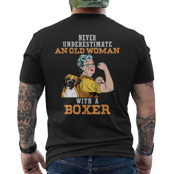 Never Underestimate An Old Woman With Boxer Dog Lover Old Woman Funny Gifts Mens Back Print T-shirt