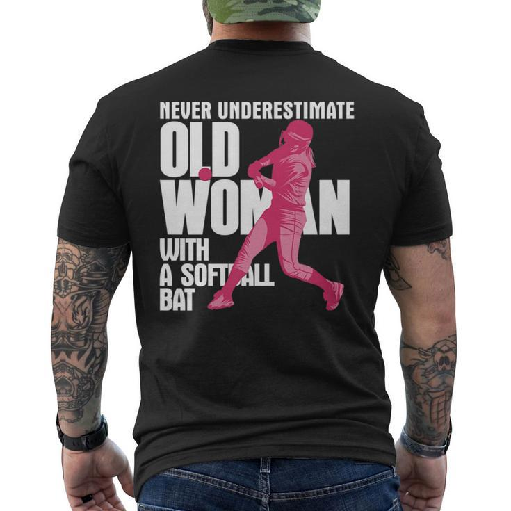 Never Underestimate Old Woman With A Softball Bat Mens Back Print T-shirt