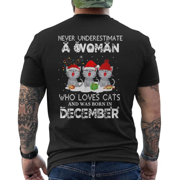 Never Underestimate Woman Loves Cats Born In December Mens Back Print T-shirt