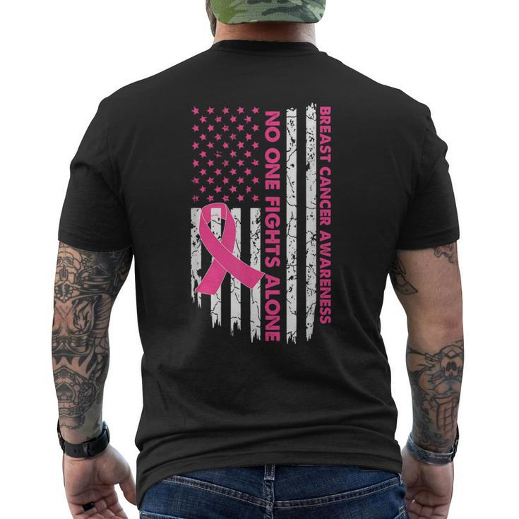 No One Fights Breast Cancer Alone American Flag Pink Ribbon Men's T-shirt Back Print