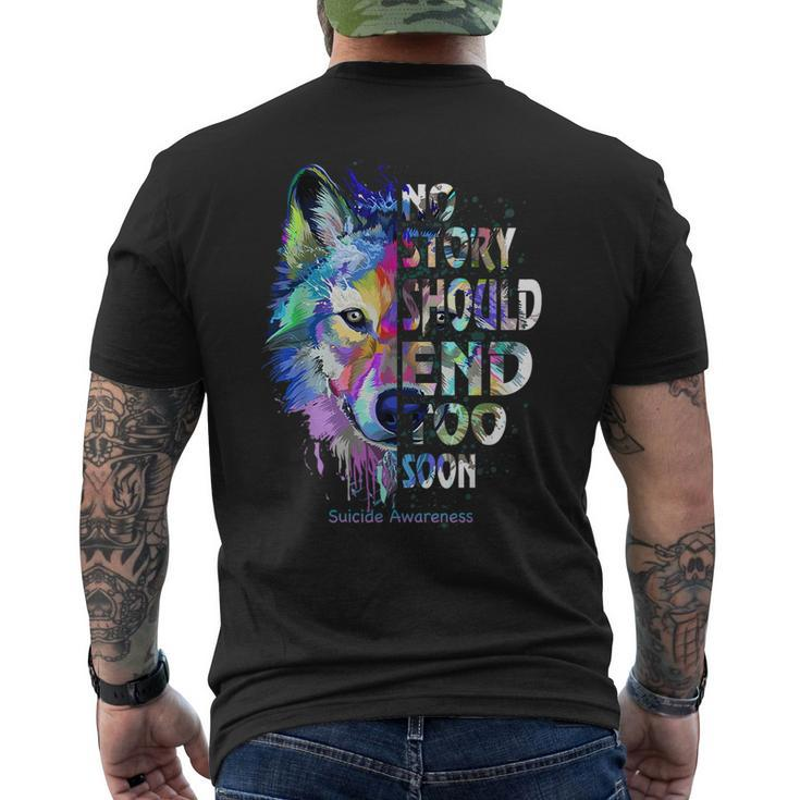 No Story Should End Too Soon Suicide Awareness Teal Wolf Men's T-shirt Back Print