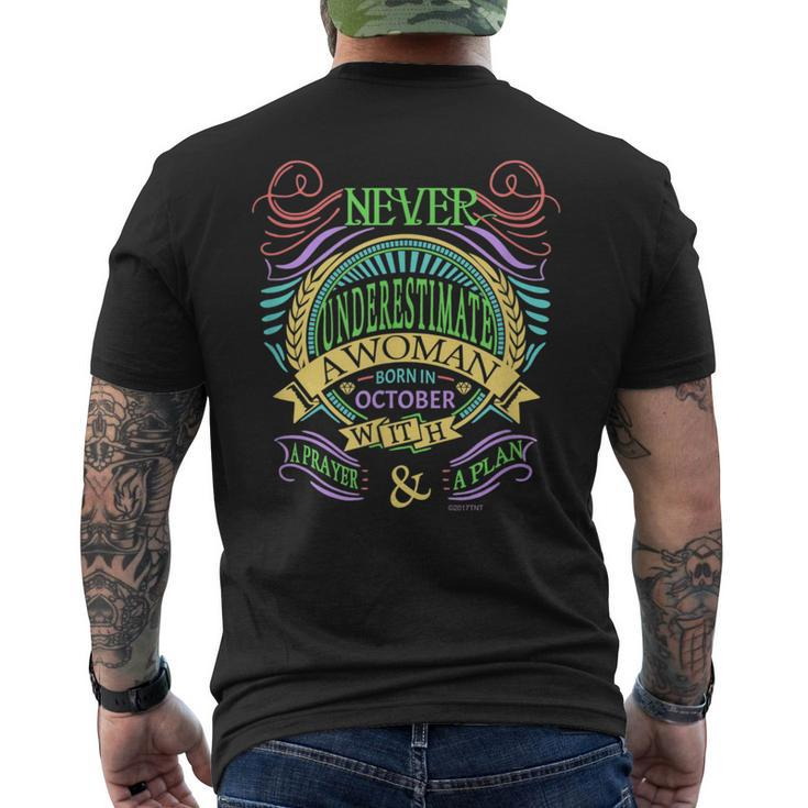 October Birthday Never Underestimate A Woman With A Prayer Mens Back Print T-shirt