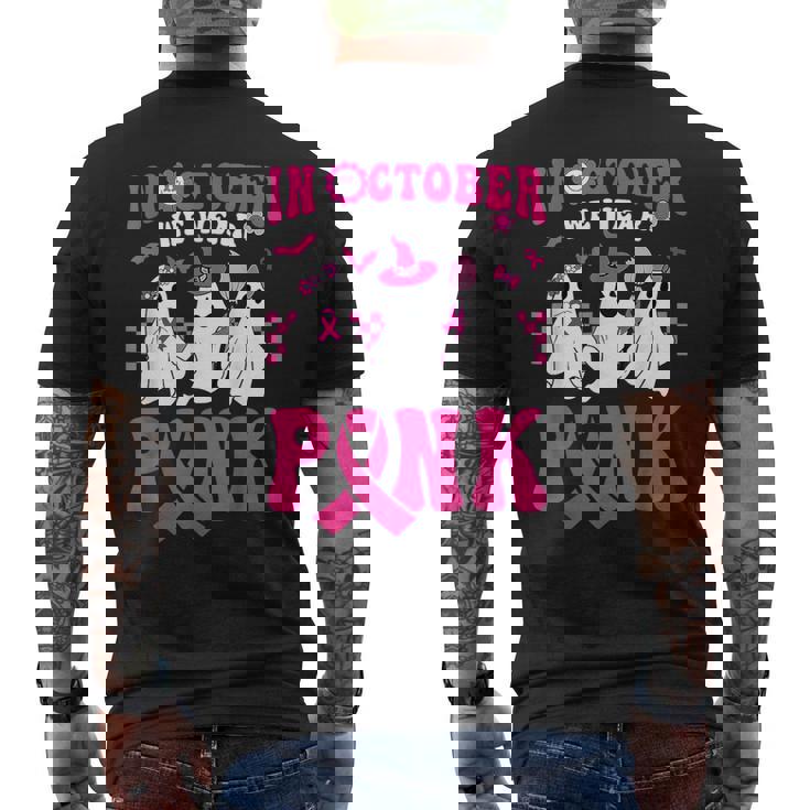 In October We Wear Pink Cute Ghost Breast Cancer Halloween Men's T-shirt Back Print