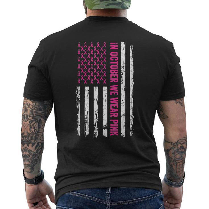 In October We Wear Pink Ribbon Breast Cancer American Flag Men's T-shirt Back Print