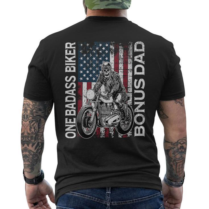 One Badass Biker Bonus Dad Grunge American Flag Skeleton  Funny Gifts For Dad Mens Back Print T-shirt