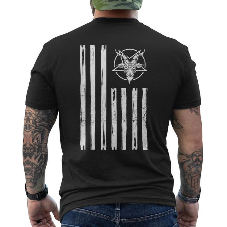 Patriotic Satan American Flag Occult Pentagram Baphomet 666 3 Mens Back Print T-shirt