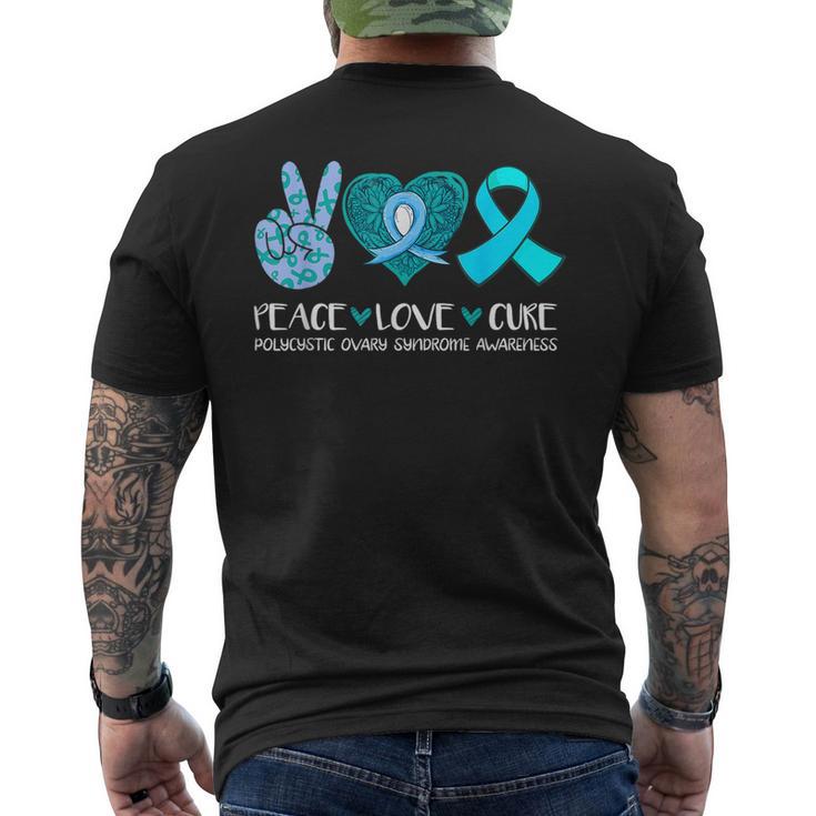 Peace Love Cure Polycystic Ovary Syndrome Pcos Teal Ribbon Men's T-shirt Back Print