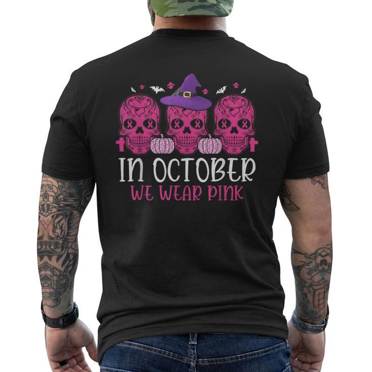 Pink Ribbon Witch Halloween Breast Cancer In October We Wear Men's T-shirt Back Print