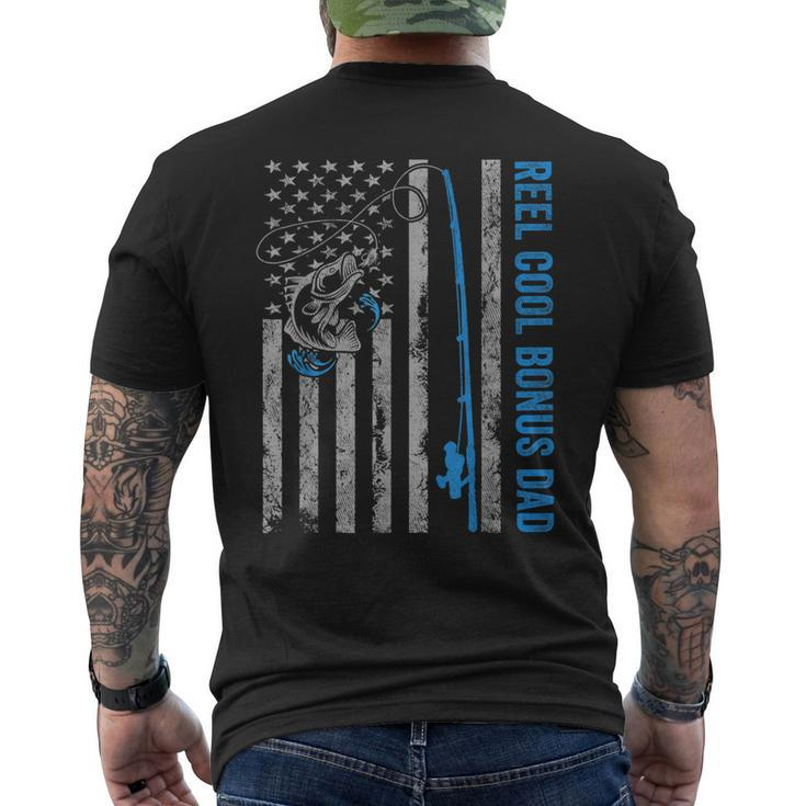 Reel Cool Bonus Dad Fathers Day American Flag Fishing Men's Back Print T-shirt