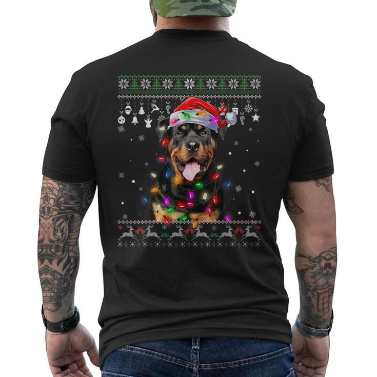 Rottweiler Santa Hat Christmas Tree Lights Xmas Ugly Sweater Men's T-shirt Back Print