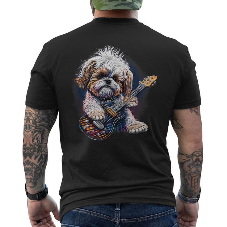 Shih Tzu Dog Playing Electric Guitar Rock  Mens Back Print T-shirt