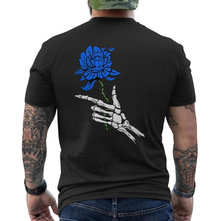 Skeleton Hand Holding A Blue Rose  Mens Back Print T-shirt