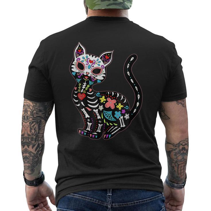 Sugar Skull Skeleton Mexican Cat Halloween Day Of He Dead Men's T-shirt Back Print