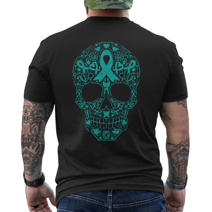 Sugar Skull Teal Ribbon Ovarian Cancer Awareness Mexican Men's T-shirt Back Print