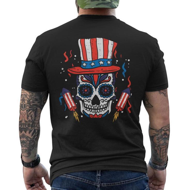 Sugar Skull Us Flag Hat Fourth 4Th Of July Patriotic Mexican  Mens Back Print T-shirt