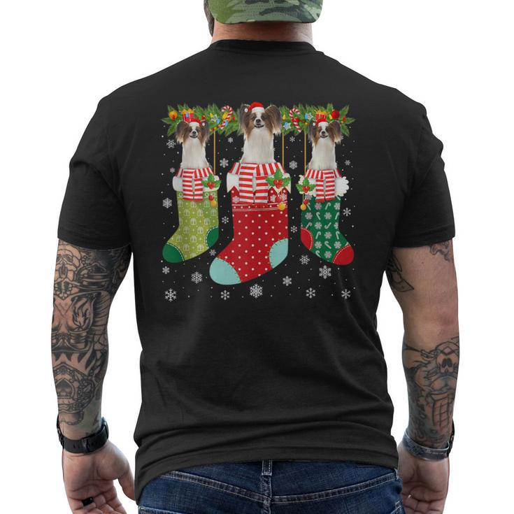 Three Papillon Dog In Socks Ugly Christmas Sweater Party Men's T-shirt Back Print
