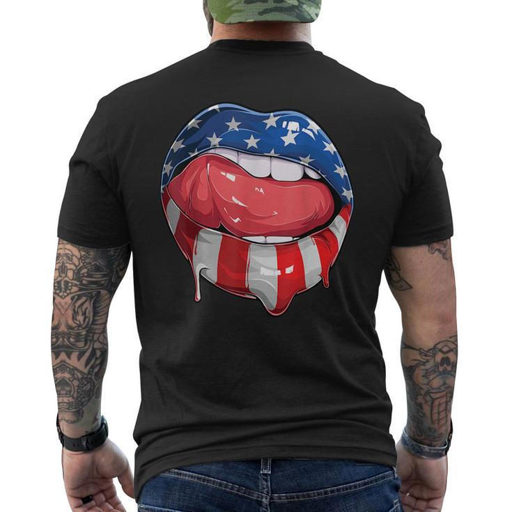 Usa Flag Dripping Lips 4Th Of July Patriotic American  Mens Back Print T-shirt